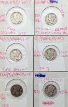 Lot of 6 Silver Mercury Dimes - 1936-1944