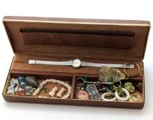 Lot of Jewelry Box w/ Contents - Vintage Gruen Watch, ET, Pins, etc.
