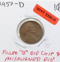 ERROR 1957-D Lincoln Wheat Cent - Filled "B" Die Chip & Misaligned Die errors
