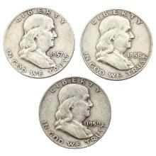 Lot of 3 Silver Franklin Half Dollars - 1957-D, 1958-D, 1959-D