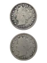 Lot of 2 Liberty V Nickels - 1903, 1904