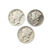 Lot of 3 Silver Mercury Dimes - 1942, 1943, 1944