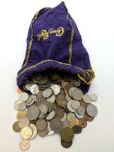 Large Lot of 260+ Foreign Coins in Crown Royal Bag