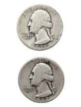 Lot of 2 Silver Washington Quarters - 1936, 1937