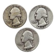Lot of 3 Silver Washington Quarters - 1941 P/D/S