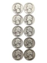 Lot of 10 Silver Washington Quarters - Consecutive 1940-1949