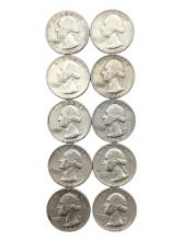 Lot of 10 Silver Washington Quarters - 1960-1964