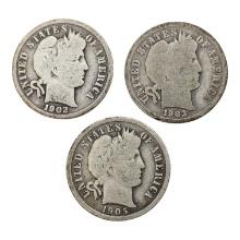 Lot of 3 Silver Barber Dimes - 1902, 1903-O, 1905