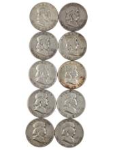Lot of 10 Silver Franklin Half Dollars - 1951 P/D/S