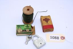 New in Box-Master Padlock, Sewing Spool with cord, Advertising box Clinton Genuine Parts Box