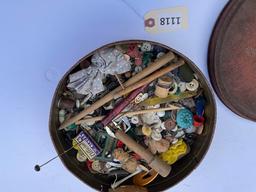 Antique Tin with Contents, Buttons, Spools