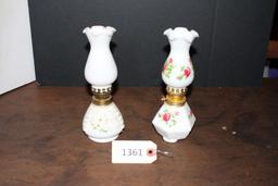 Pair Antique Oil Lamps, White Glass