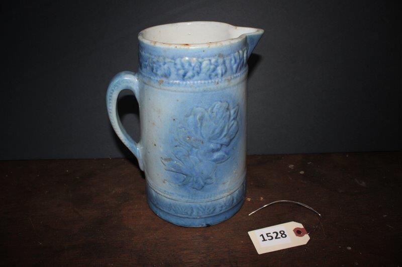 Blue and white stoneware pitcher, salt glaze