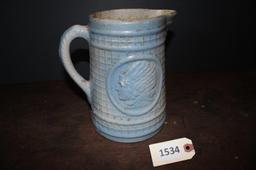 Blue and white stoneware pitcher, salt glaze