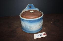 Salt Cellar, Blue and white stoneware, wooden lid, salt glaze