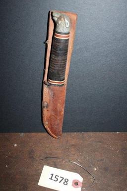 Hunting knife with sheath, dog head