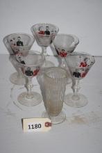 Set of 5 Mid Century Red and Black Martini Glasses and 1 cut glass sherbert glass