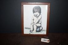 Child on chamber pot, framed print