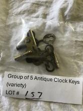 Group of 5 Antique Clock Keys (variety)