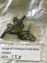 Group of 5 Antique Clock Keys (variety)