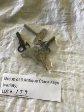 Group of 5 Antique Clock Keys (variety)