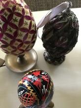 Group of 3 Early Japan & India Hand Painted Eggs with Stands