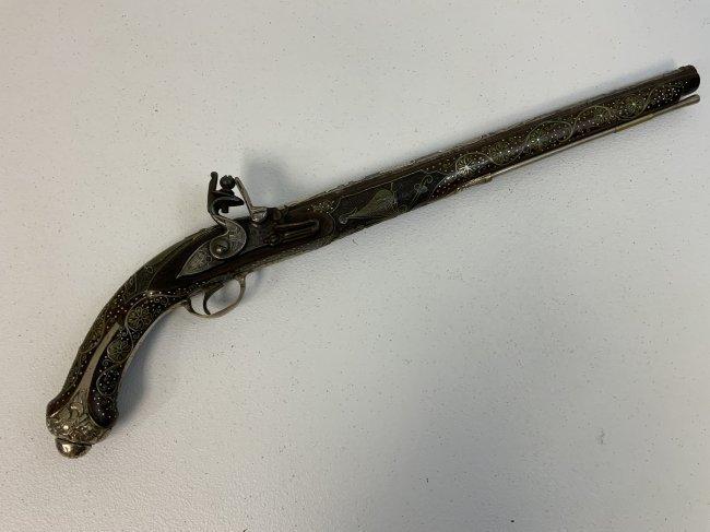 VERY LARGE ISLAMIC OTTOMAN TURKISH ARABIC SILVER DECORATED FLINTLOCK PISTOL