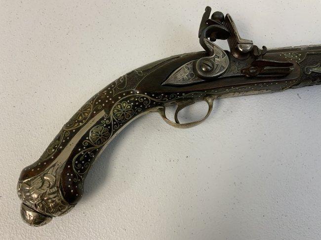 VERY LARGE ISLAMIC OTTOMAN TURKISH ARABIC SILVER DECORATED FLINTLOCK PISTOL