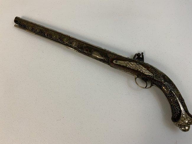 VERY LARGE ISLAMIC OTTOMAN TURKISH ARABIC SILVER DECORATED FLINTLOCK PISTOL