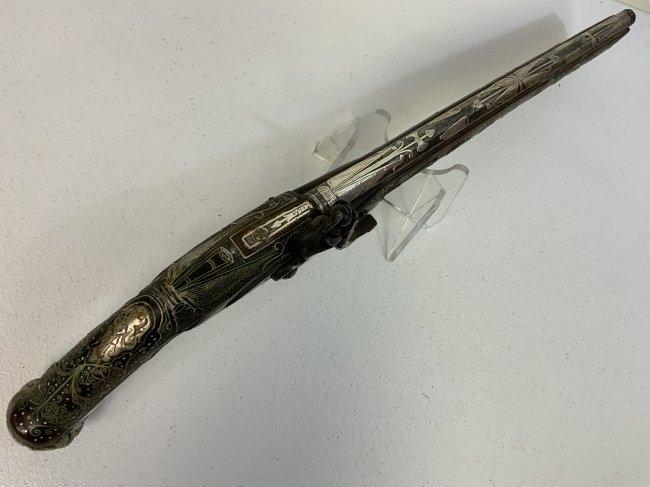 VERY LARGE ISLAMIC OTTOMAN TURKISH ARABIC SILVER DECORATED FLINTLOCK PISTOL