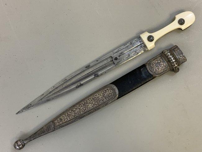 ANTIQUE RUSSIAN COSSACK CAUCASIAN KINJAL DAGGER SILVER DECORATED