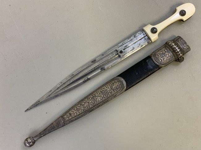 ANTIQUE RUSSIAN COSSACK CAUCASIAN KINJAL DAGGER SILVER DECORATED