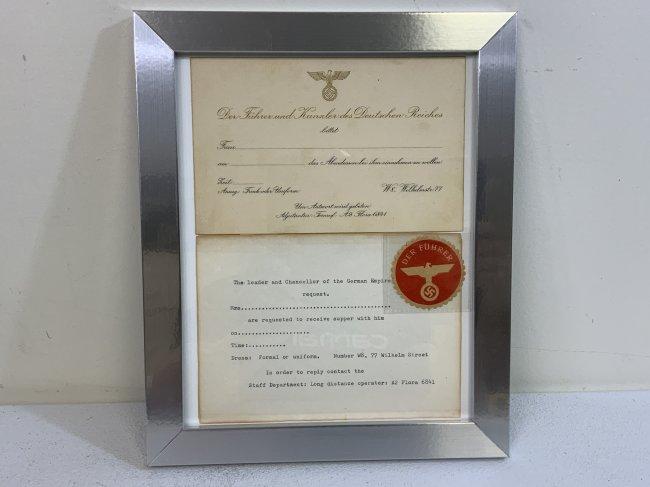 RARE ORIGINAL ADOLF HITLER FORMAL INVITATION FOR SUPPER CARD WITH TRASLATION AND OFFICIAL DER FUHRER