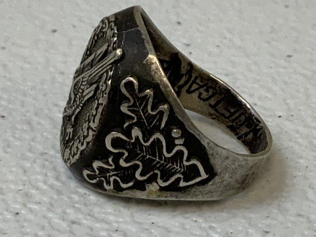 NAZI GERMANY LUFTWAFFE PARATROOPER SILVER RING WITH OAK LEAVES ENGRAVED