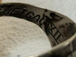 NAZI GERMANY LUFTWAFFE PARATROOPER SILVER RING WITH OAK LEAVES ENGRAVED