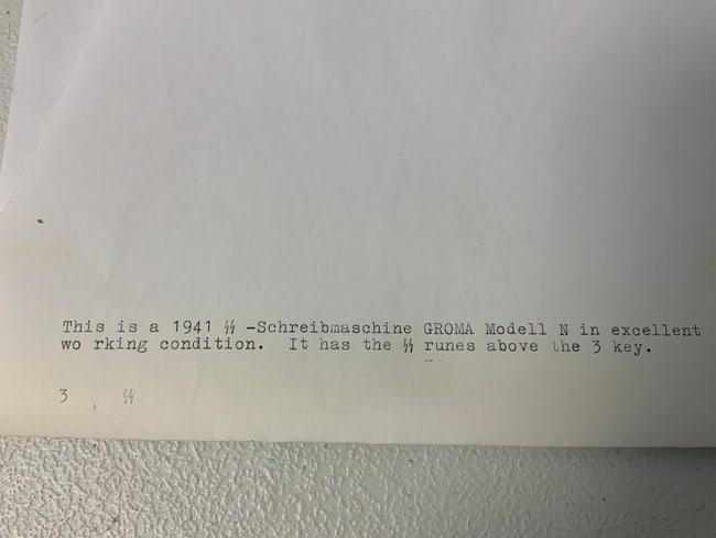 WWII GERMAN 1941 SS GROMA MODEL N TYPEWRITER WITH SS RUNES KEY