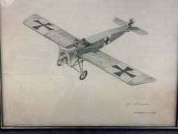 1915 FOKKER E III FRAMED AVIATION ART PRINT BY JOE DEMARCO SIGNED