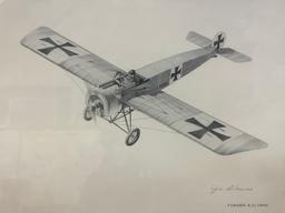 1915 FOKKER E III FRAMED AVIATION ART PRINT BY JOE DEMARCO SIGNED