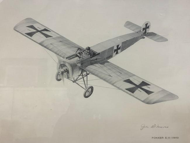1915 FOKKER E III FRAMED AVIATION ART PRINT BY JOE DEMARCO SIGNED