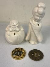 JAPANESE PORCELAIN FIGURE VASES AND SWORD TSUBAS