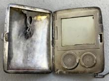 ANTIQUE STERLING SILVER LADIES CIGARETTE CASE WITH MIRROR AND COIN HOLDER