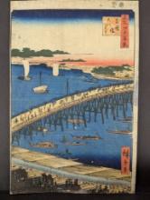 Ando Hiroshige Original Japanese Woodblock Print Ryogoku Bridge and Great Riverbank