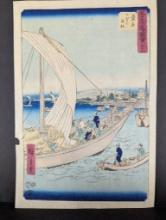 Original Japanese Woodblock Print by Ando Hiroshige Depicting Ferryboats