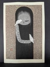 Japanese Woodblock Print by Kaoru Kawano Depicting Small Birds
