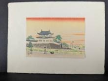 Japanese Woodblock Print of Traditional Castle Scene and Figures