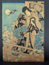 Japanese Woodblock Print Figure on Balcony by Toyokuni-ga