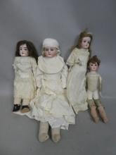 Lot 4 Antique German Porcelain Head Soft Body Dolls