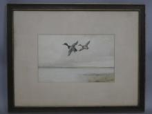 William Schmedtgen Pair of Flying Mallard Ducks Watercolor Painting LISTED ARTIST