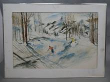 Signed Burmanski Downhill Skiing Skiers Watercolor Painting
