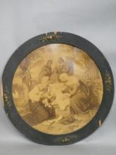 Antique Large Circular Print Madonna Jesus & Angels in Frame